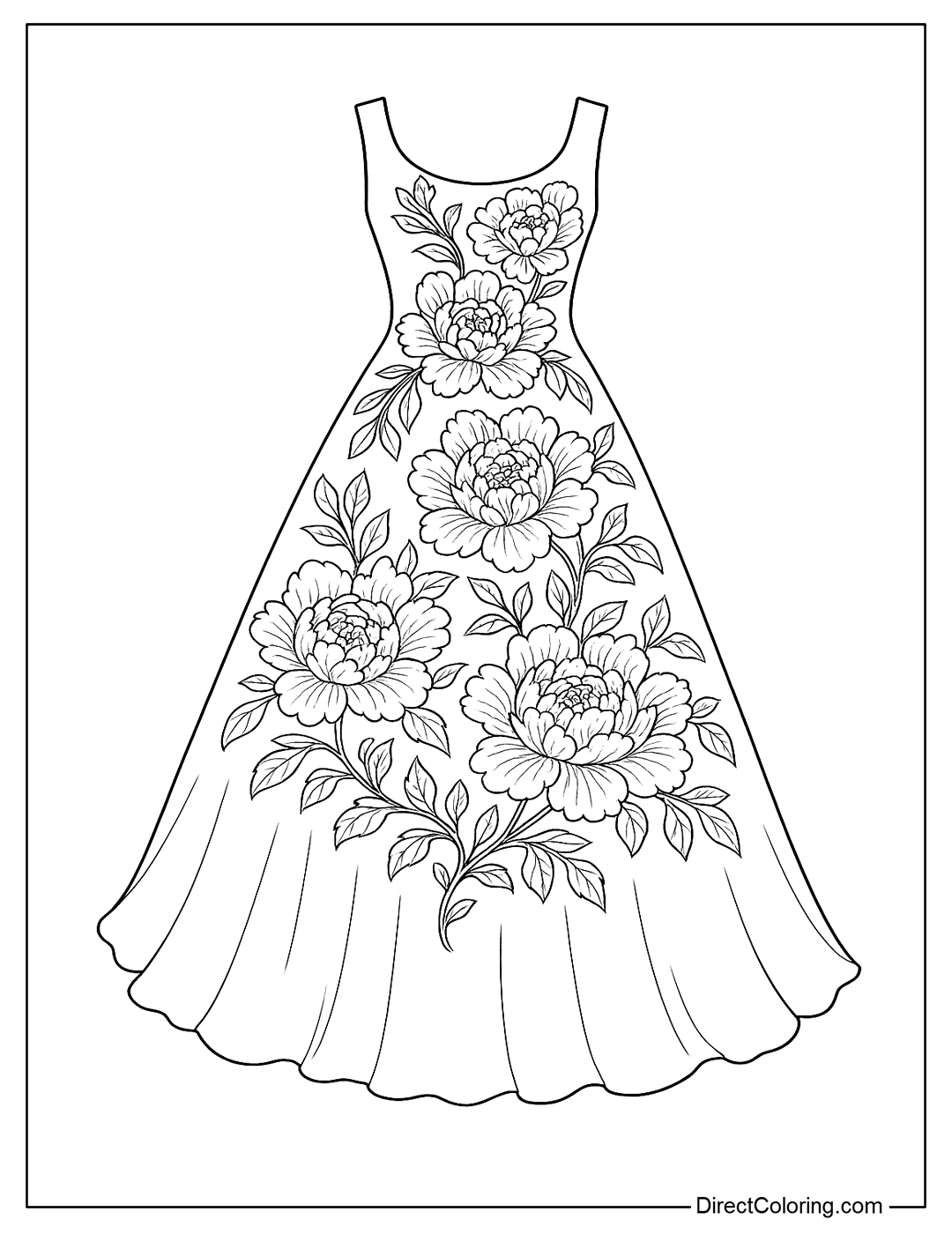 A coloring page for a lace dress embroidered with peonies in exquisite detail, with a skirt made of soft petals